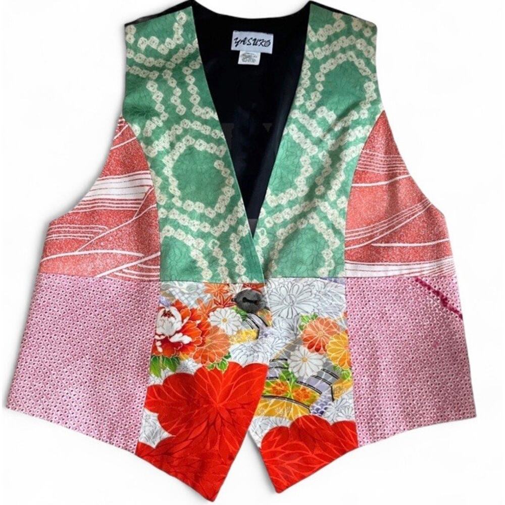 Vintage Yasuko Silk Patchwork Kimono Vest Stone Button Boho Artwear S/M